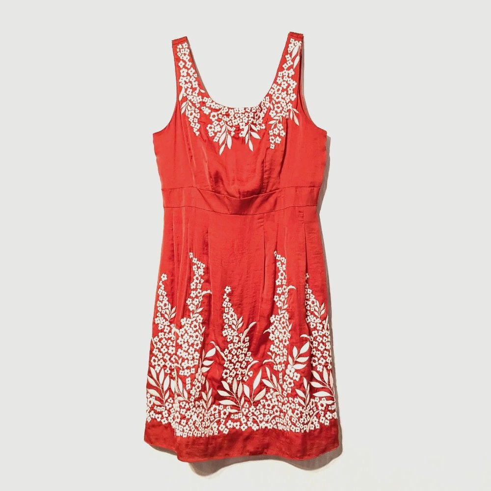 Antonio Melani, vintage orange dress, floral embroidery, A-line, midi, fall
